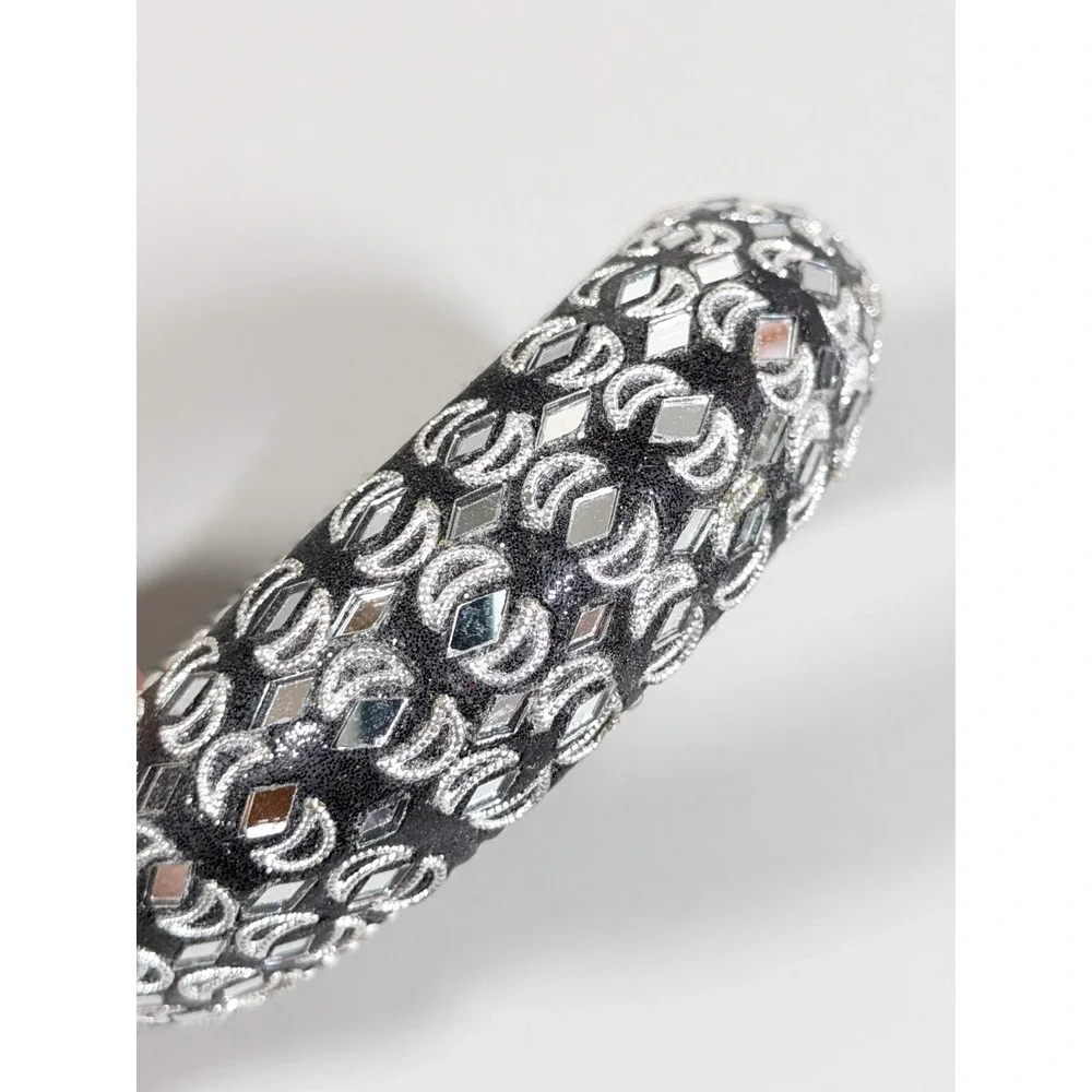 Black Silver‎ Tone mirror Crescent Moon Inlay Bangle Bracelet 8 inches